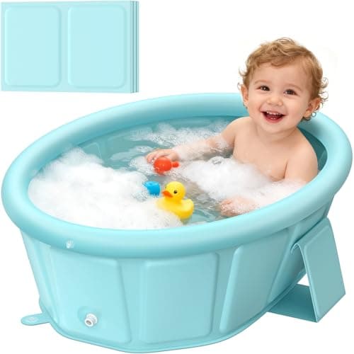 Baby Bathtub with Inflatable Top Edge, Extra Stable Infant Bath Tub, Collapsible & Portable for Baby Bath Time, No Tilt Design for 12M-6Y Newborn, No Assembly for Travel Shower