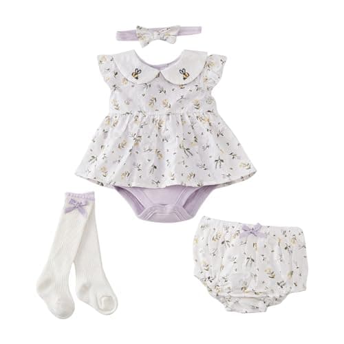YOURDIARY Baby Girl Dress Rompers Ruffle Sleeveless Floral Bodysuit Dress Cotton Baby Girl Summer Clothes Set Bloomer Purple 6-9 Months - Image 1