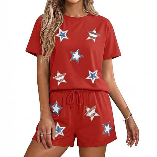 MYHALF 4th of July Sets for Women Sequin Star Graphic Shirt and Shorts Patriotic Outfits 2 Piece Short Sleeve Lounge Set - Image 1