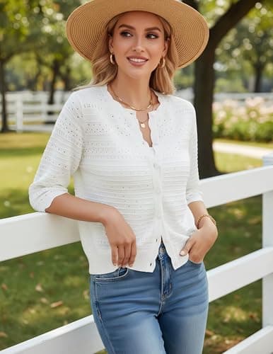 GRACE KARIN White Cardigan Sweaters for Women Summer Lightweight Button Up Cardigans 3/4 Sleeve Cropped Summer Casual Shrugs - Thumbnail 3