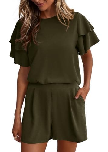 KIRUNDO Two Piece Short Sets For Women 2026 Spring Summer Ruffle Short Sleeve Top Elastic Waist Pants Travel Beach Lounge Set(Army Green, Medium) - Image 1