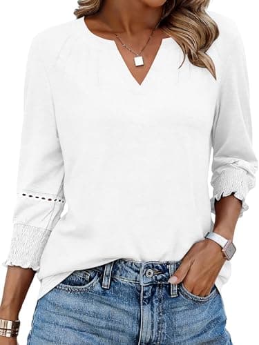 White Tops for Women 3/4 Sleeve Blouses Business Casual V Neck T Shirts Lace Patchwork with Smocked Cuffs - Image 1