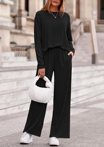 KIRUNDO Spring 2 Piece Lounge Sets for Women Long Sleeve Ribbed Knit Tops Wide Leg Pants Matching Travel Outfits Postpartum(Black, XX-Large) - Thumbnail 3