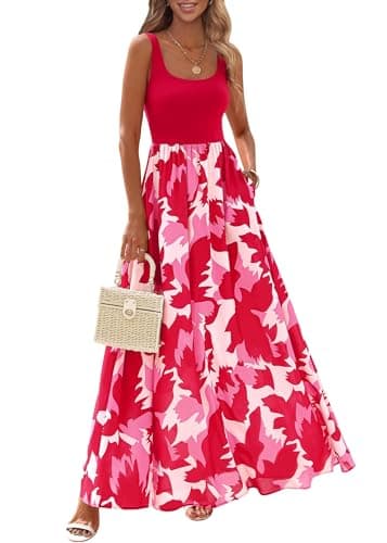 KIRUNDO Women Summer Sleeveless Boho Floral Maxi Dress 2026 Scoop Neck Tank A Line Flowy Beach Vacation Resort Wear Sundress(Red, XX-Large) - Image 1
