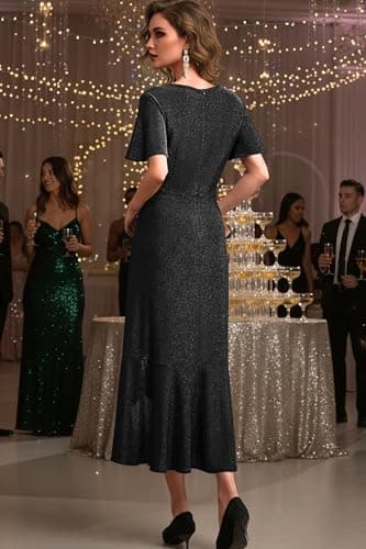 Autumn Flowerwall Women Plus Size Formal Party Gown Sparkle Black XL Lustrous Knit V Neck Flutter Sleeve Cocktail Dress A-Line Evening Gowns for Curvy Women Prom Ball Gown Slit - Thumbnail 3