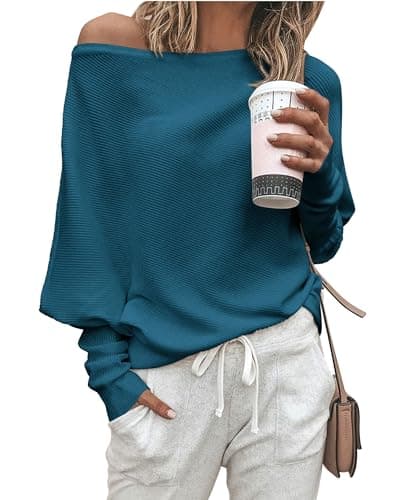 Zenlonr Women's Fall Sweaters 2026 Casual Long Batwing Sleeve Loose Off Shoulder Knit Pullovers Jumper Tops(Grey Blue,X-Large) - Image 1