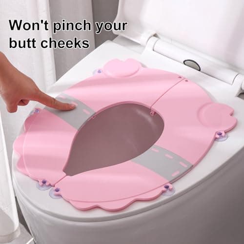 Portable Potty Training Seat，Upgraded Non-Slip-Anti pinch buttocks, One-handed Removal Folding Travel Potty Seat for Toddlers & Kids, 6 suction cups firmly adhere, Fits All Shape Toilets(Pink) - Thumbnail 4