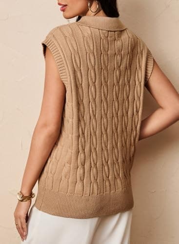 Dokotoo Womens Vest Womens Tops V Neck Lapel Collar Cable Knit Women Vest Cable Knit Summer Sweaters for Women Khaki XX Large - Thumbnail 2