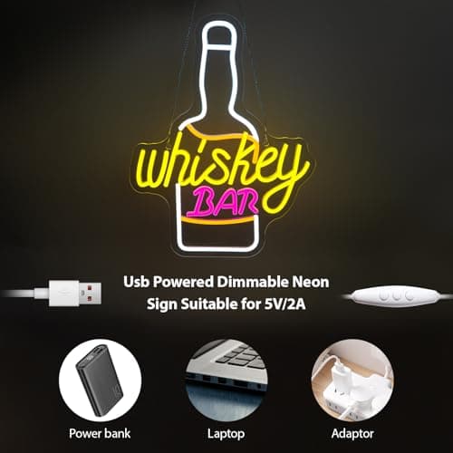 Whiskey Bar Neon Sign for Wine Decor Neon Beer Signs for Party Decor LED Wine Bottle Light Up Bar Pub Lounge Man Cave Wall Art Alcohol Gifts for Beer Lover Bartender - Thumbnail 5