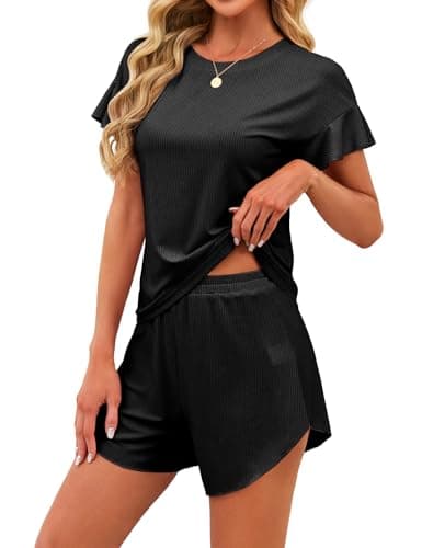 JUSTFASHIONNOW Women's Pajama Set Ruffle Sleeves Top and Short Soft 2 Piece Loungewear Set Black - Image 1