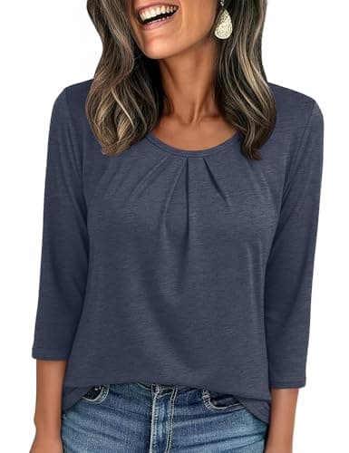 JUSTFASHIONNOW Womens 3/4 Length Sleeve Tops Crewneck Pleated T-Shirts Dressy Casual Tunic Basic Business Blouses(Navy Blue Large) - Image 1