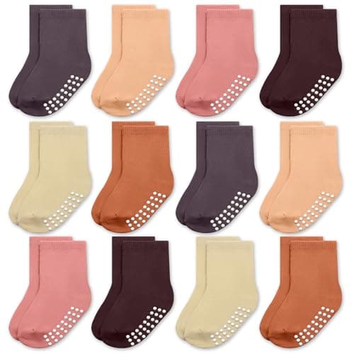 JAKIDAR 12 Pack Baby Toddler Socks Non Slip Grip Cotton Crew Socks for Boys Girls Infants Kids, Orange Sunset, 12-24 Months - Image 1