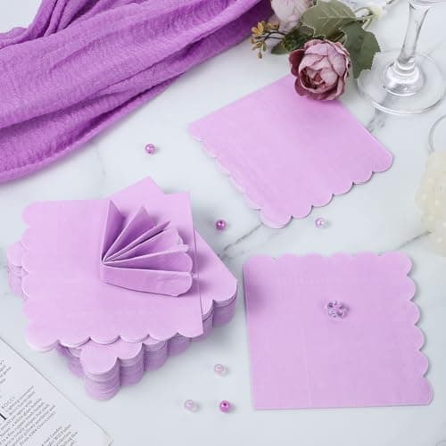 NatNarr 120 Pcs Purple Napkins,Scalloped Easter Paper Napkins Disposable Lavender Cocktail Napkin Lilac Beverage Dessert Napkin for Birthday Wedding Bridal Baby Shower, 5 x 5 Inch - Thumbnail 4