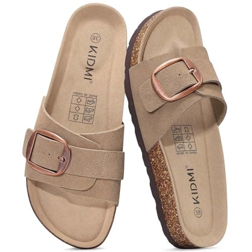 KIDMI Genuine Suede Cork Footbed Sandals for Women Comfortable Summer Slides with Buckle, Apricot 39 - Image 1
