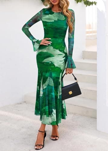 Lazysmile Women's Long Sleeve Floral Maxi Dresses Fall Formal Crewneck Bodycon Mesh Ruffle Wedding Guest Cocktail Party Dress Dark Green - Thumbnail 3