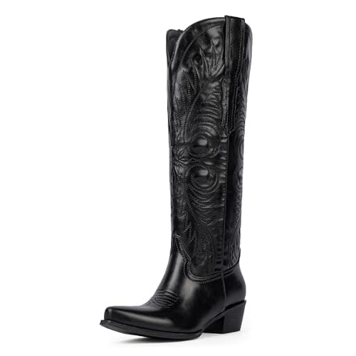 Modatope Black Cowgirl Boots for Women Knee High Black Western Boots Embroidered Cowboy Boot Pointed Toe Chunky Heel Wide Calf Tall Boots Size 9 - Image 1