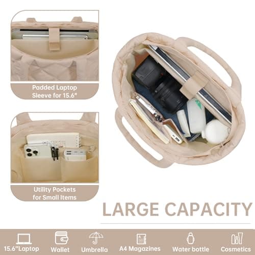 soewten Puffer Tote Bag for Women, Quilted Bag with Zipper, Small Tote HandBags for Work, Travel, Greyish Brown - Thumbnail 4