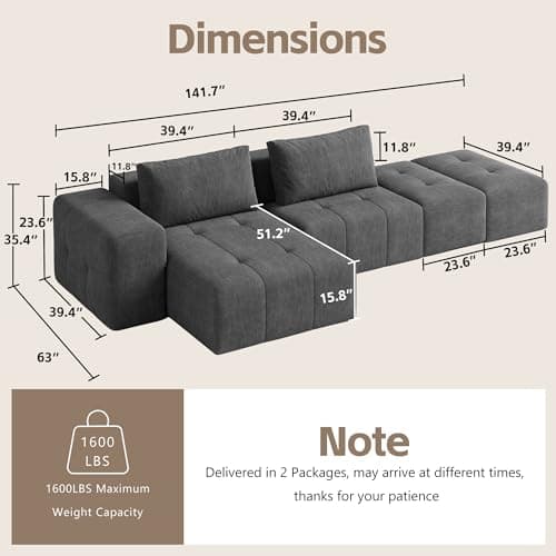 141" Cloud Sectional Couch for Living Room, Oversize Boneless Modular Sectional Sofa with Deep Seat, L Shaped Modern Cloud Sleeper Sofa Bed with Chaise, Dark Grey - Thumbnail 2