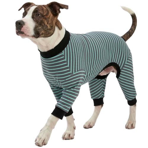 LovinPet Dog PJS Apparel for Large Dogs, Pure Cotton Cyan Blue Stripe Dog Shirt, 4-Legged Design, Full Body Coverage, Pajamas for Pitbulls, Onesies for Dogs, 3XL - Image 1