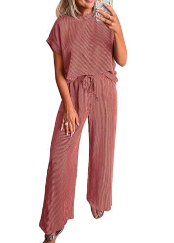 KIRUNDO 2 Piece Sets for Women Dressy Casual Ribbed Knit Short Sleeve Tops Wide Leg Pants Lounge Set Travel Airport Outfits(Rust Red, Small) - Image 1