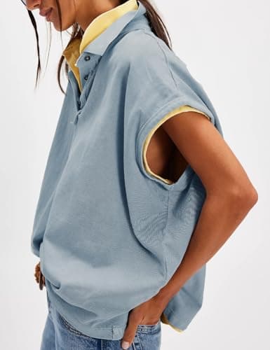 Haellun Oversized Polo Shirt for Women Casual Summer Tee Tops Cap Sleeve Collared Cotton Shirts(Light Blue,M) - Thumbnail 4