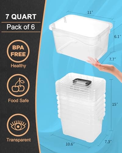 EOENVIVS Plastic Storage Bins with Lids 6 Packs, 7 Quart Storage Organizer Bins with Buckle-Up Latches and Handle, Stackable Storage Containers for Home Pantry Office Classroom Organization, Clear - Thumbnail 2