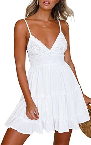 ECOWISH Summer Dresses for Women 2026 V-Neck Spaghetti Strap Bowknot Backless Sleeveless Lace Mini Swing Skater Dress White XX-Large - Image 1