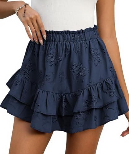 ECOWISH Flowy Mini Skirts for Women with Shorts Underneath Ruffle Tiered Skorts Elastic High Waist Tennis Golf Spring 2026 Navy Blue Large - Image 1