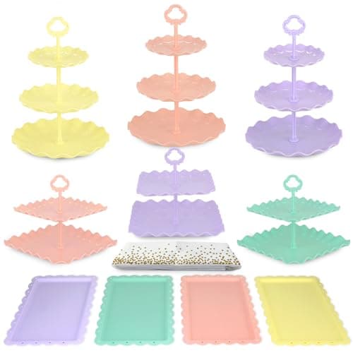 Pack of 10 NWK Cake Stand Set, with 3 x Two-Tier and 3 x Three-Tier Cupcake Stands, 4 x Appetizer Trays, 1 x Tablecloth for Birthday Bridal Baby Shower Party (Colorful) - Image 1