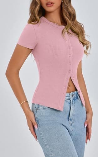 PRETTYGARDEN Women's Short Sleeve T Shirts Ribbed Knit Crew Neck Summer Tops 2025 Trendy Button Up Going Out Tight Basic Tees Y2K Clothes (Pink,L) - Thumbnail 6