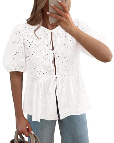 KIRUNDO Peplum Tops for Women 2026 Summer Eyelet Tie Front Blouses Casual Short Lantern Sleeve Cute Y2K Lace Babydoll Shirts(White, XX-Large) - Image 1