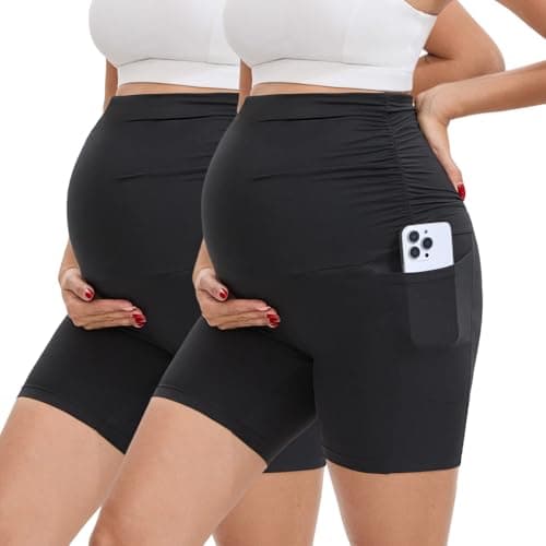 Fayefay Maternity Biker Shorts with Pockets - 6" Pregnancy Short Over The Belly for Women Yoga Workout Lounge Black X-Large - Image 1