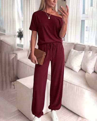 Zenlonr Women Summer 2 Piece Outfits 2026 Off Shoulder Short Sleeve Tops Elastic Waist Drawstring Long Pants Tracksuit(Wine Red,XX-Large) - Thumbnail 4