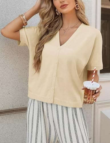 GRACE KARIN Womens Cropped Short Sleeve Cardigan Trendy, Lightweight Cute Sweater, V Neck Button Up Casual Top Cream 2026 L - Thumbnail 6