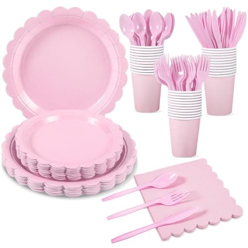 Xiangqu 175 Pcs Pink Plates and Napkins, Pink Birthday Decorations Include Scalloped Plate Napkins Cups Plastic Cutlery Disposable Dinnerware for Wedding, Bridal Baby Shower, Mother Day - Image 1