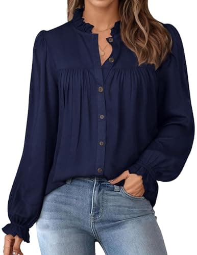 Office Tops for Women Work Dressy Casual Blouses Long Puff Sleeve Shirts Elegant Tunic Tops Navy Blue S - Image 1