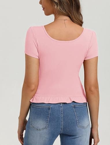 Belle Poque 2026 Summer Cute Tops for Women Pink Short Sleeve Crop Tops Square Neck Ruffle Hem T Shirts XL - Thumbnail 2