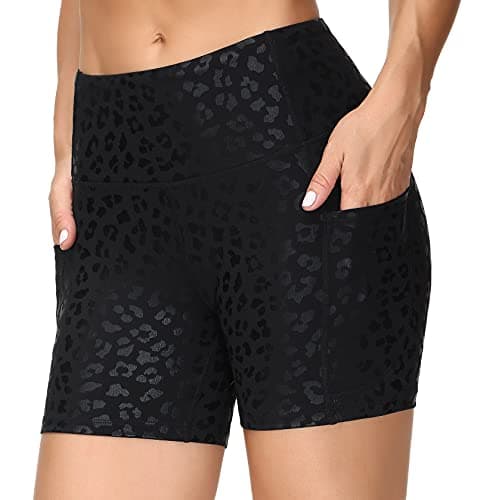 THE GYM PEOPLE High Waist Yoga Shorts for Women Tummy Control Fitness Athletic Workout Running Shorts with Deep Pockets (X-Large, Black spot Leopard) - Thumbnail 3