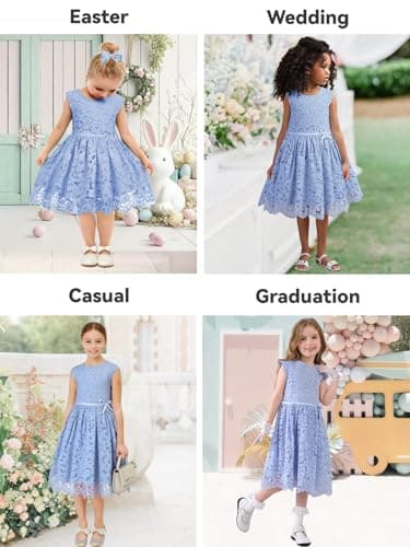 ALLOVIN Girls & Toddlers Sleeveless A-Line Lace Party Dress Birthday Wedding & Flower Girl Dress with Beaded Bowknot | Blue | 2-3T - Thumbnail 6