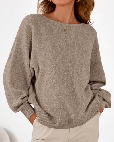 KIRUNDO Oversized Sweaters for Women Cozy Fall Fashion Boat Neck Batwing Sleeve Knit Pullover Sweater Tops Winter Clothes(Caramel, Medium) - Thumbnail 6