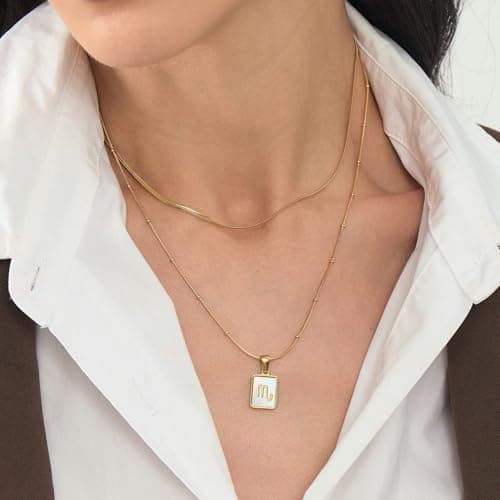 LETFLY Scorpio Zodiac Gold Necklace Stack for Women, 18K Gold Plated Square Shaped Pendant with Adjustable Layered Snake Chain for Women Jewelry Gifts - Thumbnail 2