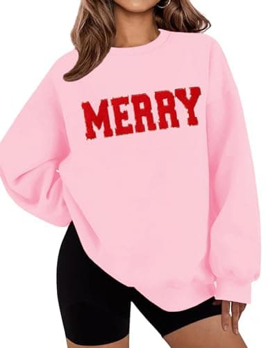 LETSEE Merry Christmas Sweatshirt for Women Crewneck Cute Casual Graphic Oversized Pullover Sweaters Xmas, Pink, X-Large - Image 1