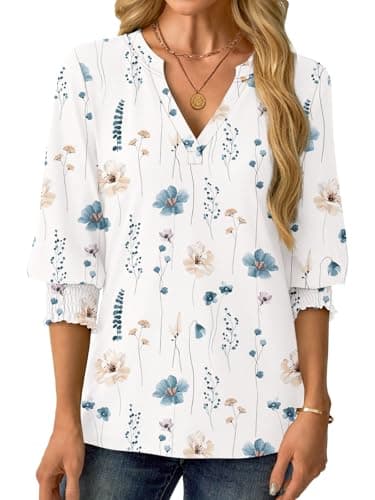 GKBK Womens 3/4 Sleeve Shirts V Neck Dressy Casual Spring Summer Blouses with Smocked Cuffs White Floral - Thumbnail 4