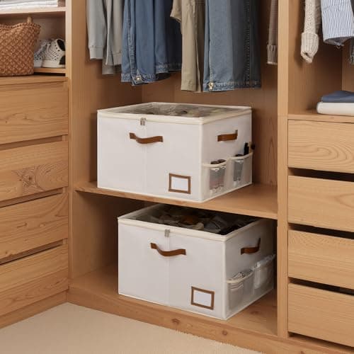 StorageWorks Shoe Organizer for Closet, 2 Pack Shoe Storage Boxes with Clear Lid, Stackable Shoe Storage Organizer for Sandals and Slippers, Fabric Shoe Bins for Closet, Holds 16–32 Pairs, Beige - Thumbnail 6