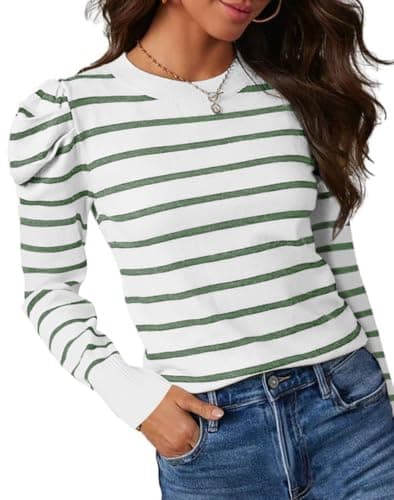 UNCLECAT Women's Striped Sweater Trendy Lightweight Sweaters Puff Long Sleeve Tops Casual Knit Pullover Shirts Green - Image 1