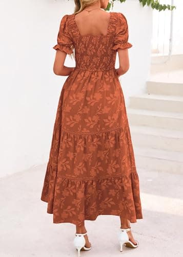 Lazysmile Women's Summer Boho Floral Maxi Dress Short Sleeve Square Neck Smocked Ruffle Elegant Wedding Guest Dress Orange - Thumbnail 2