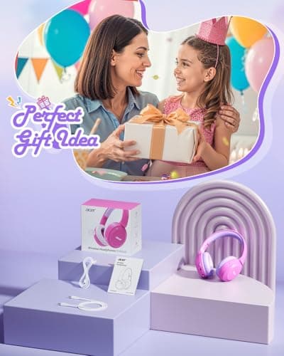 acer Kids Bluetooth Headphones, 85/94dB Volume Limiter, Foldable Wireless Over-Ear Headphones for iPad, Travel, 60H Playtime, Bluetooth 6.0, Built-in Mic, Pink, OHR668 - Thumbnail 5