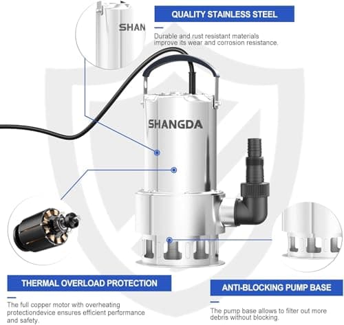 SHANGDA Sump Pump 1.5HP Submersible Water Pump 4500GPH Stainless Steel Electric Clean/Dirty Water Draining Transfer Pumps with Adapters for Pool Hot Tub Pond - Thumbnail 4