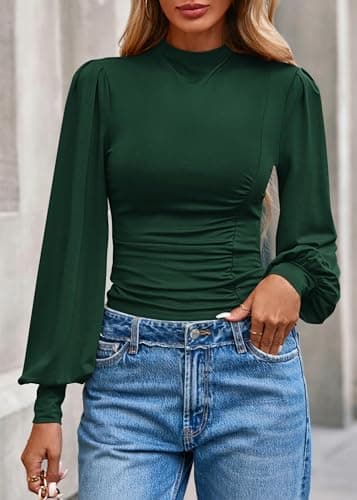 KIRUNDO Blouses for Women Dressy Casual 2026 Spring Tops Fall Puff Long Sleeve Shirts Fitted Mock Neck Ruched Trendy Tops(Dark Green, X-Small) - Thumbnail 3