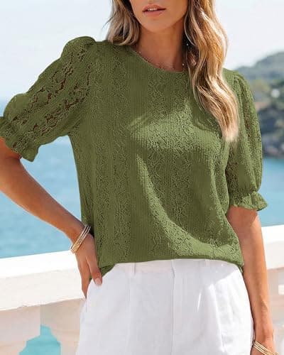 KIRUNDO Lace Tops for Women Trendy 2026 Summer Work Blouse Casual Crewneck Hollow Out Short Sleeve Shirts Beach Vacation(Army Green, X-Large) - Thumbnail 3